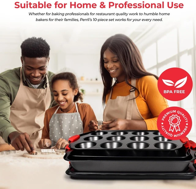 Alt view image 5 of 7 - Non-Stick 10-Piece Baking Pan Set, BPA-Free Carbon Steel Bakeware Set with Silicone Handles, Stackable Kitchen Oven Set, Cookie Sheet, Baking Tray, Baking Sheet Set, Oven Safe (446°F)
