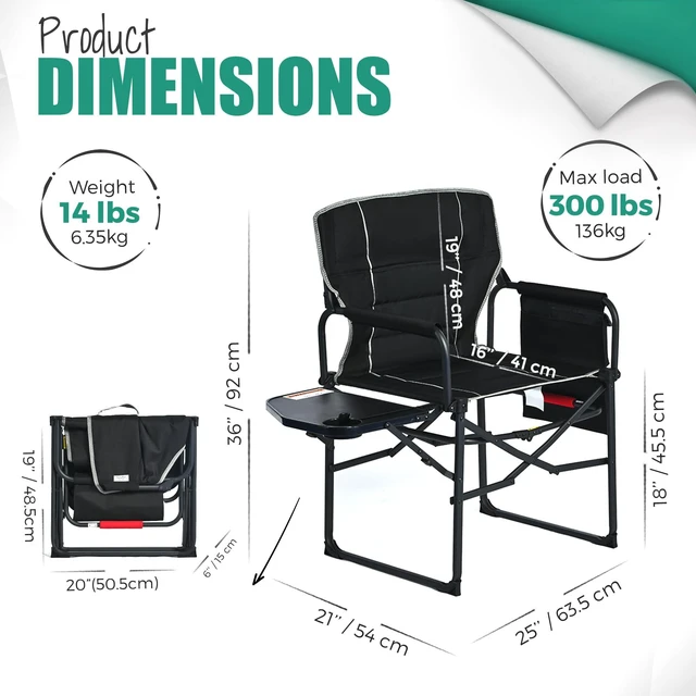 Alt view image 5 of 7 - Oversized Directors Camping Chair for Adults with Side Table | Padded Portable Folding Camp Chair Support 300LBS with Cup Holder, Side Pocket & Carry Bag, Black for Camping, RV, Lawn, Fish