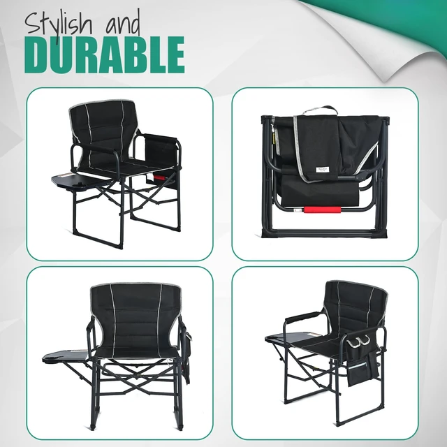 Alt view image 7 of 7 - Oversized Directors Camping Chair for Adults with Side Table | Padded Portable Folding Camp Chair Support 300LBS with Cup Holder, Side Pocket & Carry Bag, Black for Camping, RV, Lawn, Fish
