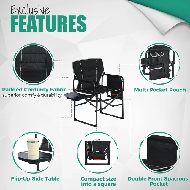 Alt view image 6 of 7 - Oversized Directors Camping Chair for Adults with Side Table | Padded Portable Folding Camp Chair Support 300LBS with Cup Holder, Side Pocket & Carry Bag, Black for Camping, RV, Lawn, Fish