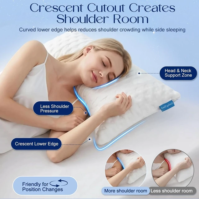Alt view image 3 of 7 - Side Sleeper Pillows for Neck & Shoulder Comfort - Ergonomic Curved Crescent Design, Adjustable Shredded Memory Foam, Cooling & Soft Cover, Extra Fill Included, King Size Pillows Set of 2