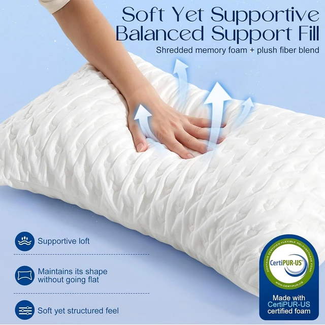 Alt view image 6 of 7 - Side Sleeper Pillows for Neck & Shoulder Comfort - Ergonomic Curved Crescent Design, Adjustable Shredded Memory Foam, Cooling & Soft Cover, Extra Fill Included, King Size Pillows Set of 2