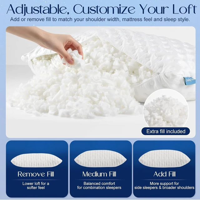 Alt view image 5 of 7 - Side Sleeper Pillows for Neck & Shoulder Comfort - Ergonomic Curved Crescent Design, Adjustable Shredded Memory Foam, Cooling & Soft Cover, Extra Fill Included, King Size Pillows Set of 2
