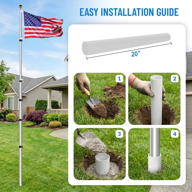 Alt view image 6 of 6 - 20FT Heavy Duty Telescoping Flag Pole Kit with 3x5 US Flag, Silver | Anti-Collapse Lock for Multi-Scenario Use
