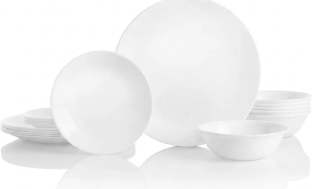 Main image of Vitrelle 18-Piece Service for 6 Dinnerware Set Triple Layer Glass and Chip Resistant, Lightweight Round Plates and Bowls Set, Winter Frost White