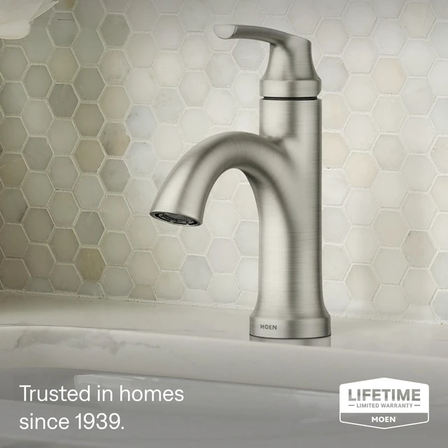 Alt view image 2 of 7 - 84980SRN Wellton 1-Handle Bath Faucet w/Drain, Spot Resist Nickel | Bathroom sink faucet, drain assembly included, optional deckplate included, single-hole installation, Spot Resist finish