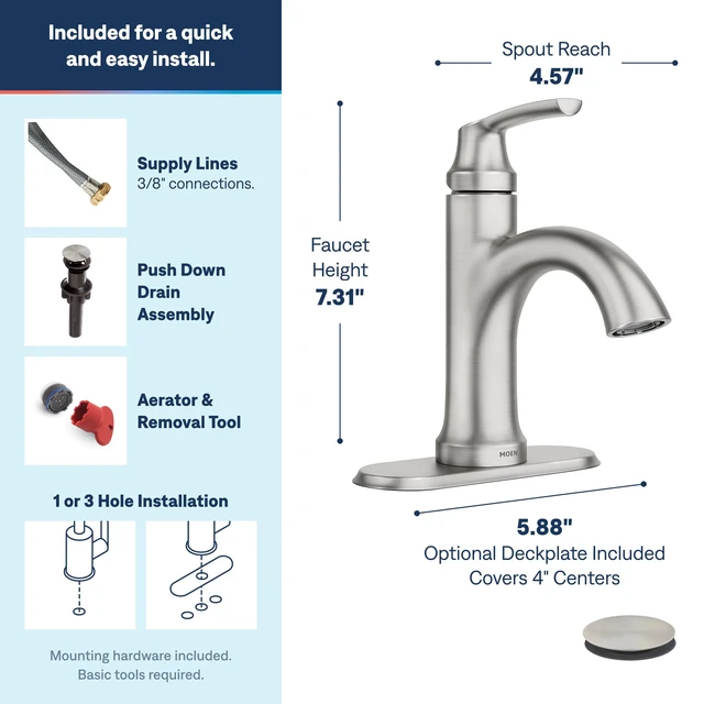 Alt view image 3 of 7 - 84980SRN Wellton 1-Handle Bath Faucet w/Drain, Spot Resist Nickel | Bathroom sink faucet, drain assembly included, optional deckplate included, single-hole installation, Spot Resist finish