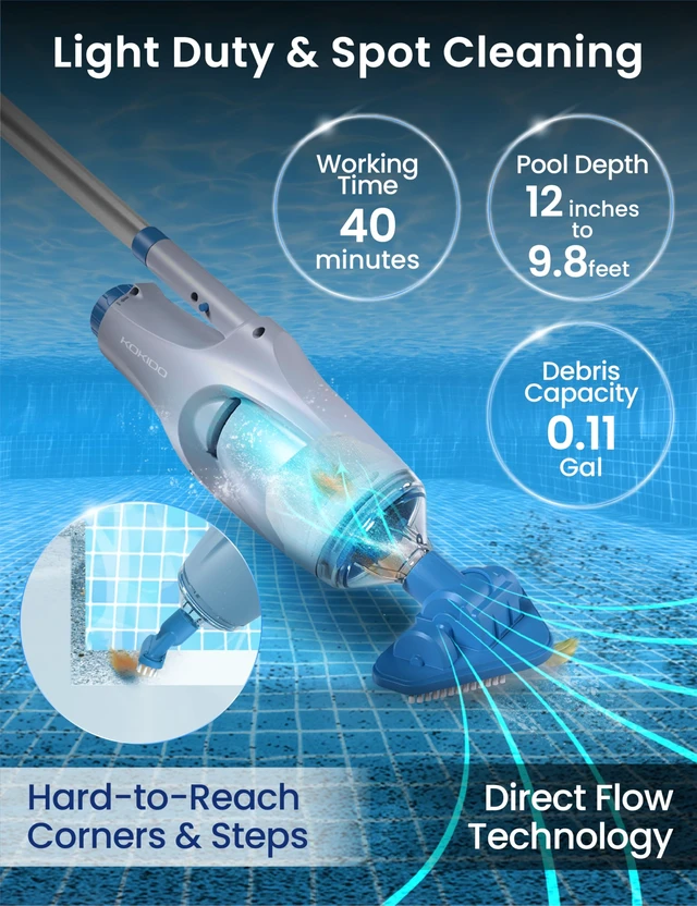 Alt view image 3 of 7 - Cordless Handheld Pool Vacuum for Above Ground Pool, with 6ft Pole and 2 Vac Brush Heads, Ideal for Spot Cleaning Small Inground Pool Spa up to 20ft, Rechargeable, 60min, Sand and Light Debris