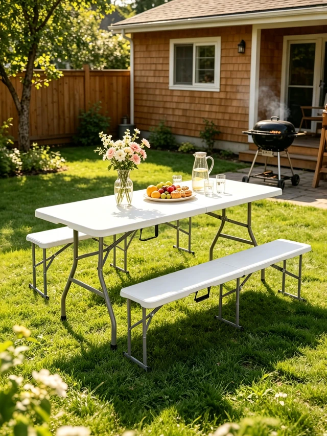 Alt view image 2 of 7 - 6Ft Folding Table, Heavy Duty Fold-in-Half Portable Plastic White | HDPE portable table indoor outdoor. Camp table, picnic table, party use. Lightweight holds 350 lbs. Easy fold side table