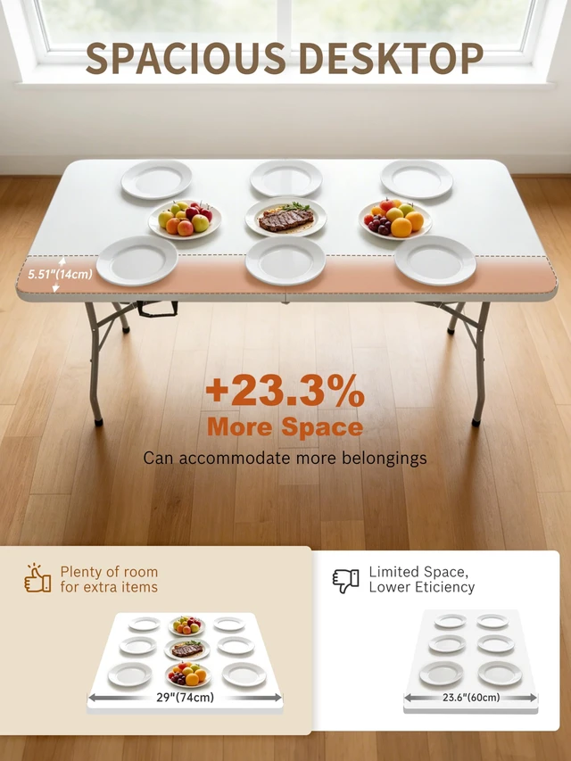 Alt view image 5 of 7 - 6Ft Folding Table, Heavy Duty Fold-in-Half Portable Plastic White | HDPE portable table indoor outdoor. Camp table, picnic table, party use. Lightweight holds 350 lbs. Easy fold side table