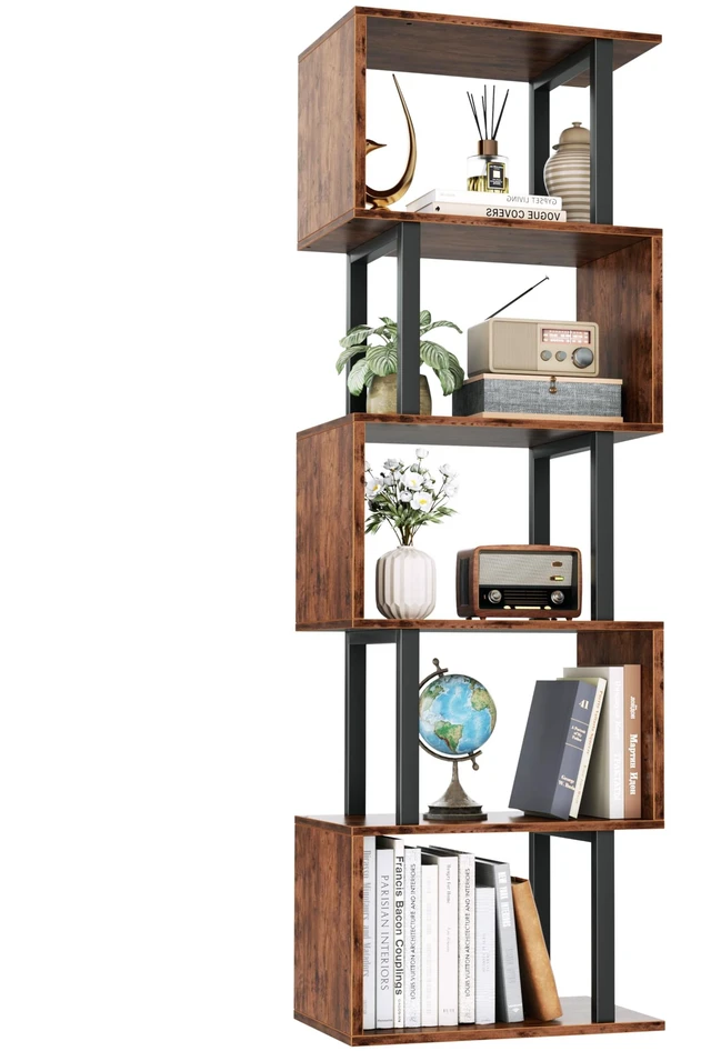 Main image of 6 Tier Bookshelf, S Shaped Geometric Bookcase, Rustic Brown | 57.5'' Tall Industrial Display Shelf Standing Unit, Room Divider Shelf for Bedroom, Living room, Office