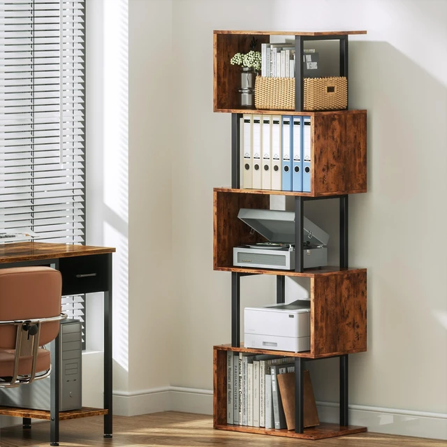 Alt view image 6 of 7 - 6 Tier Bookshelf, S Shaped Geometric Bookcase, Rustic Brown | 57.5'' Tall Industrial Display Shelf Standing Unit, Room Divider Shelf for Bedroom, Living room, Office