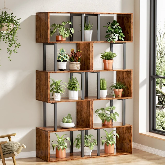 Alt view image 7 of 7 - 6 Tier Bookshelf, S Shaped Geometric Bookcase, Rustic Brown | 57.5'' Tall Industrial Display Shelf Standing Unit, Room Divider Shelf for Bedroom, Living room, Office