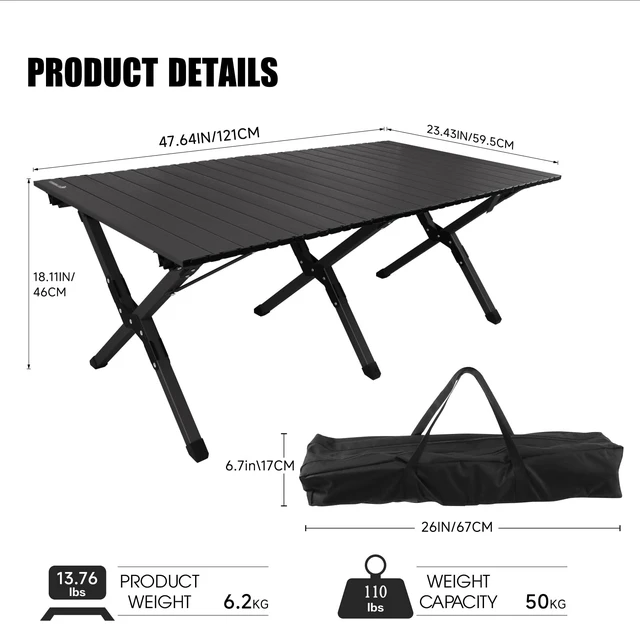 Alt view image 2 of 7 - Folding Camping Table, Lightweight Roll-Up Table Aluminum Low Portable Picnic Table with Easy Carrying Bag for Outdoor, Beach, Picnic, Backyards, BBQ and Party, 47.6"L x 23.4"W x 18.1"H