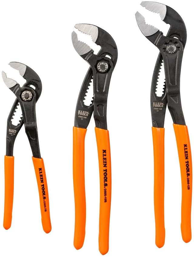 Main image of D5053BKIT 3-Piece Adjustable Pliers, Quick-Adjust Klaw Pump Pliers Set, 7-Inch, 10-Inch, and 12-Inch, Compact Design with V-Jaw and Hardened Teeth for Maximum Torque