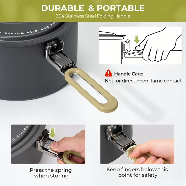 Alt view image 3 of 7 - Camping Cookware Portable Non-Stick Mess Kit with Foldable Handle | Hard Anodized Aluminum Construction, Includes 3L 1.7L Pots 0.8L Kettle 8 Pan, for Outdoor Picnic Hiking