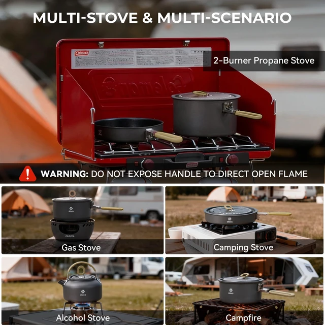 Alt view image 4 of 7 - Camping Cookware Portable Non-Stick Mess Kit with Foldable Handle | Hard Anodized Aluminum Construction, Includes 3L 1.7L Pots 0.8L Kettle 8 Pan, for Outdoor Picnic Hiking