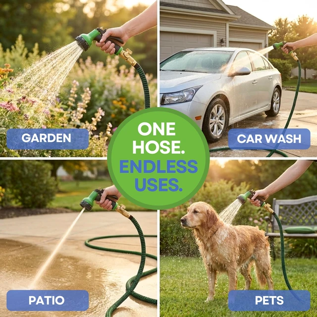 Alt view image 3 of 7 - XpandaHose 50ft Expandable Garden Hose, Lightweight, Brass Connectors | Ultra Strong 3750D fabric, 4-layer latex core, expands 3X, kink & leak-resistant, 10-pattern nozzle, storage bag