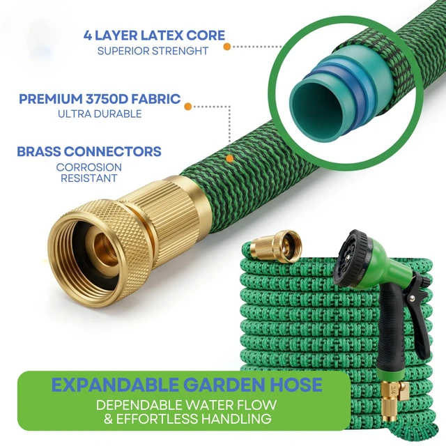Alt view image 2 of 7 - XpandaHose 50ft Expandable Garden Hose, Lightweight, Brass Connectors | Ultra Strong 3750D fabric, 4-layer latex core, expands 3X, kink & leak-resistant, 10-pattern nozzle, storage bag