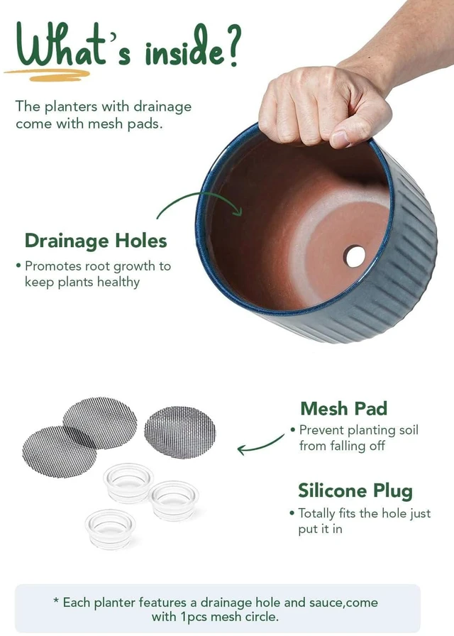 Alt view image 6 of 6 - Ceramic Plant Pots, 8.3/7/6 Inch Indoor Planters with Drainage Holes & Mesh, Modern Glossy Glaze Cylinder Fluted Flower Pot for Snake Plant, Set of 3, Harbor Blue