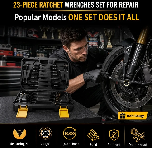 Alt view image 2 of 7 - 23PCS Ratcheting Combination Wrench Set SAE Metric Mechanic Tools | 1/4"-3/4"&6-18MM Bolt Gauge, Electro-Coated CR-V 72-Tooth 5Deg Swing 12Pt Corrosion Resistant, Roll Pouch Auto&HomeRepair