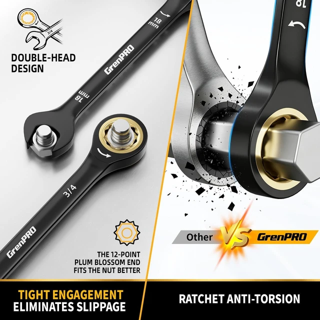 Alt view image 5 of 7 - 23PCS Ratcheting Combination Wrench Set SAE Metric Mechanic Tools | 1/4"-3/4"&6-18MM Bolt Gauge, Electro-Coated CR-V 72-Tooth 5Deg Swing 12Pt Corrosion Resistant, Roll Pouch Auto&HomeRepair