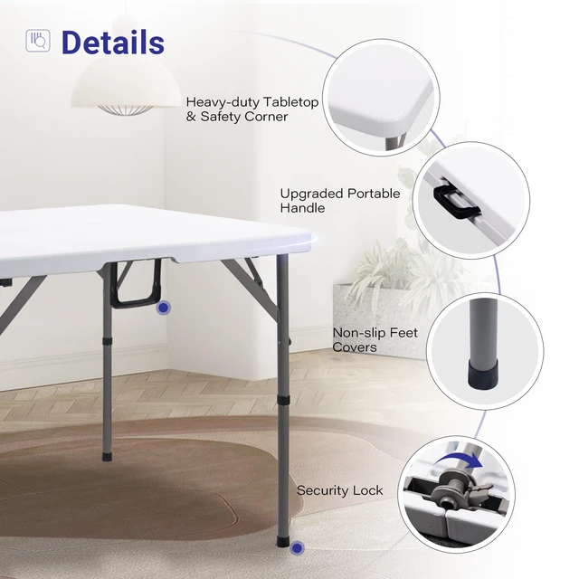Alt view image 2 of 7 - 34" Square Folding Card Table,Fold-in-Half Utility Portable Table,White | Heavy Duty HDPE Tabletop,Carrying Handle,Removable Legs with Two Height,Indoor Outdoor for Picnic,Camping,Party,Game