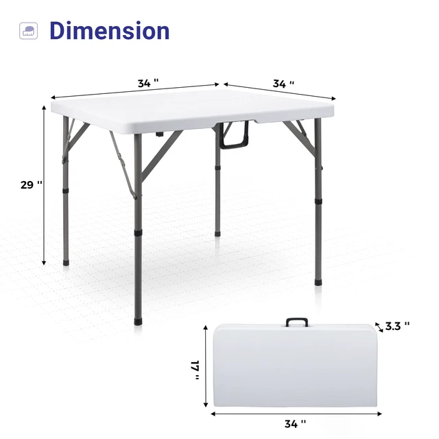 Alt view image 3 of 7 - 34" Square Folding Card Table,Fold-in-Half Utility Portable Table,White | Heavy Duty HDPE Tabletop,Carrying Handle,Removable Legs with Two Height,Indoor Outdoor for Picnic,Camping,Party,Game