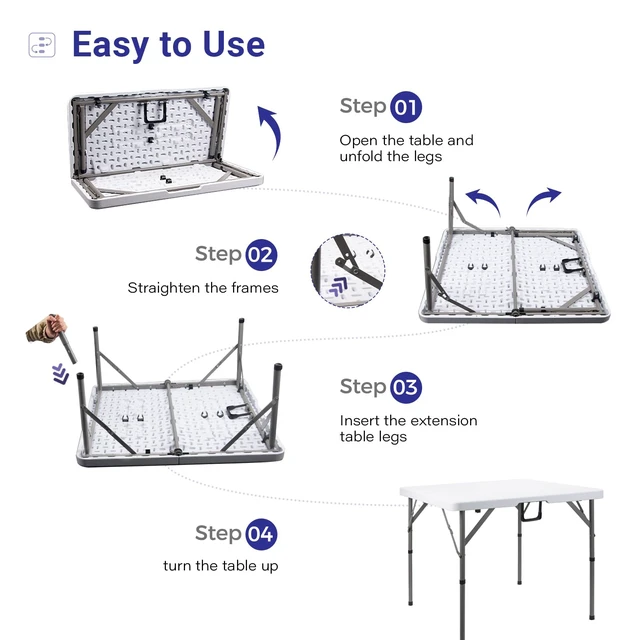 Alt view image 5 of 7 - 34" Square Folding Card Table,Fold-in-Half Utility Portable Table,White | Heavy Duty HDPE Tabletop,Carrying Handle,Removable Legs with Two Height,Indoor Outdoor for Picnic,Camping,Party,Game