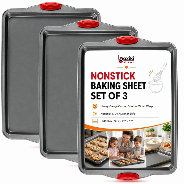 Main image of Premium Nonstick Baking Sheet Pans Set of 3, Heavy-Gauge Carbon Steel, Warp, Dent, and Rust-Resistant Gourmet Rimmed Half Cookie Sheet Trays, Non-Toxic for Exceptional Baking Performance