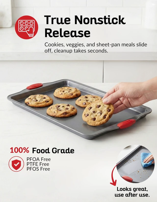 Alt view image 3 of 7 - Premium Nonstick Baking Sheet Pans Set of 3, Heavy-Gauge Carbon Steel, Warp, Dent, and Rust-Resistant Gourmet Rimmed Half Cookie Sheet Trays, Non-Toxic for Exceptional Baking Performance