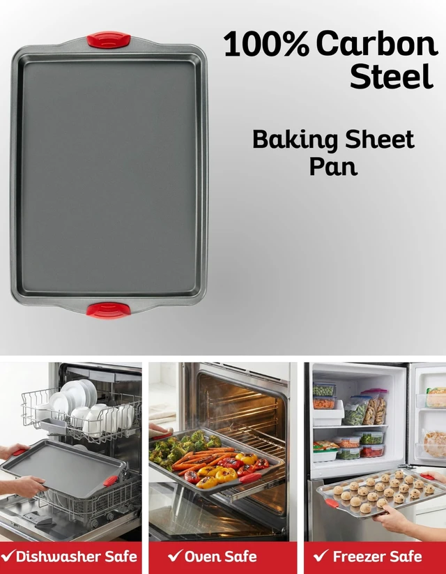 Alt view image 6 of 7 - Premium Nonstick Baking Sheet Pans Set of 3, Heavy-Gauge Carbon Steel, Warp, Dent, and Rust-Resistant Gourmet Rimmed Half Cookie Sheet Trays, Non-Toxic for Exceptional Baking Performance
