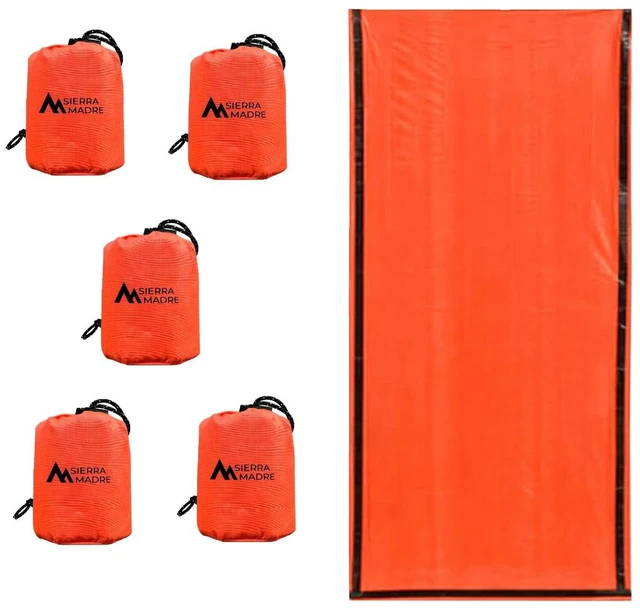 Main image of Emergency Sleeping Bag, Waterproof Thermal Bivy Sack Pack 5 | Retains 90% body heat Reusable design Weighs 6 oz Waterproof & windproof For Hiking & emergency kits
