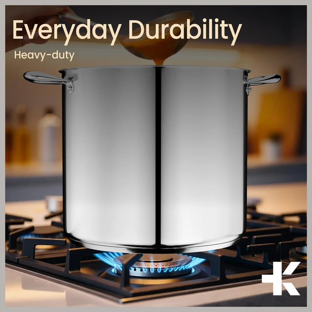 Alt view image 7 of 7 - Stainless Steel Stockpot with Tempered Glass Lid 24 Quart, Durable 18/0 Stainless Steel, Impact-Bonded Base for Even Heating, Riveted Handles, Oven & All Stove Compatible, Safe Up To 500°F (260°C)