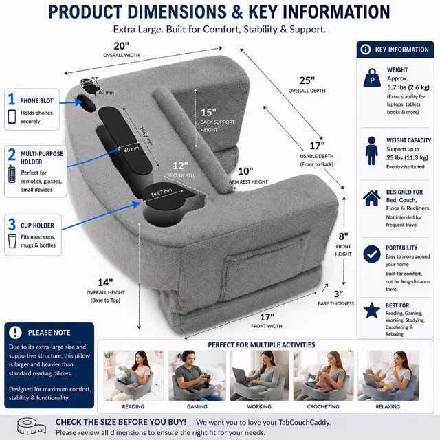 Alt view image 2 of 7 - Reading Pillow for Gaming Extra Large Lap Desk & Arm Rest with Cup & Phone Holder, Adjustable Heights, Laptop Support, Large Pockets Comfortable for Work, Gaming & Crocheting (Black)