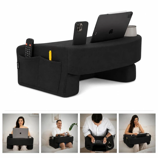 Alt view image 4 of 7 - Reading Pillow for Gaming Extra Large Lap Desk & Arm Rest with Cup & Phone Holder, Adjustable Heights, Laptop Support, Large Pockets Comfortable for Work, Gaming & Crocheting (Black)