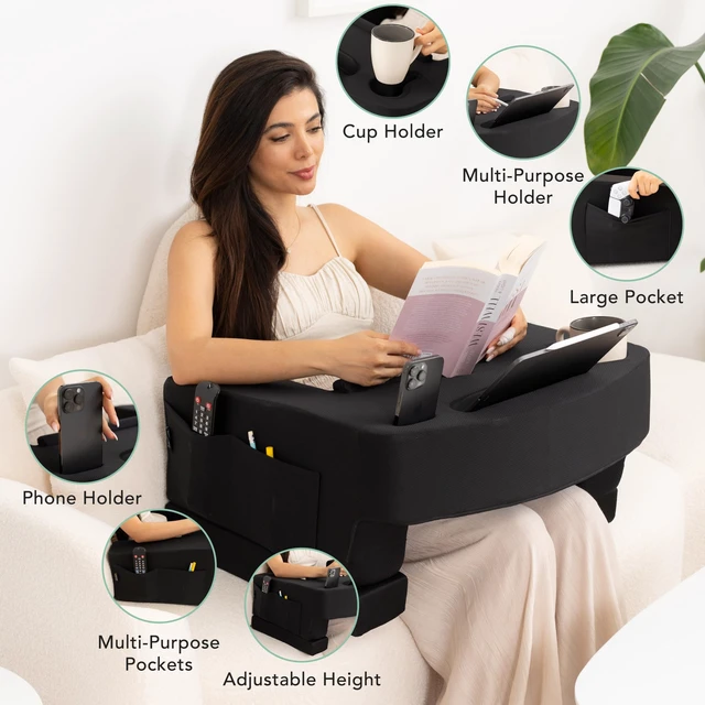 Alt view image 3 of 7 - Reading Pillow for Gaming Extra Large Lap Desk & Arm Rest with Cup & Phone Holder, Adjustable Heights, Laptop Support, Large Pockets Comfortable for Work, Gaming & Crocheting (Black)