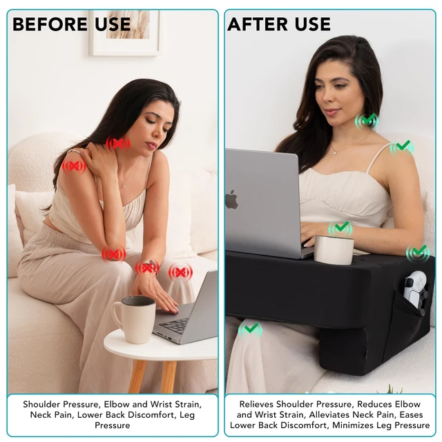 Alt view image 5 of 7 - Reading Pillow for Gaming Extra Large Lap Desk & Arm Rest with Cup & Phone Holder, Adjustable Heights, Laptop Support, Large Pockets Comfortable for Work, Gaming & Crocheting (Black)