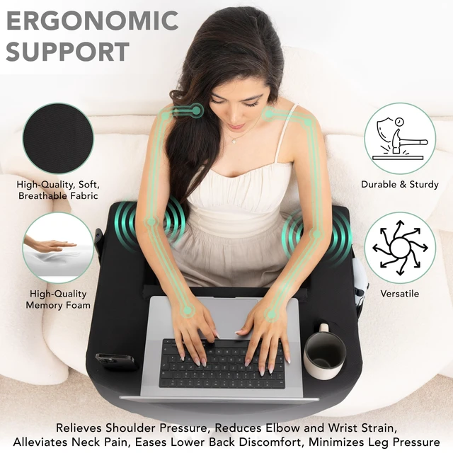 Alt view image 6 of 7 - Reading Pillow for Gaming Extra Large Lap Desk & Arm Rest with Cup & Phone Holder, Adjustable Heights, Laptop Support, Large Pockets Comfortable for Work, Gaming & Crocheting (Black)
