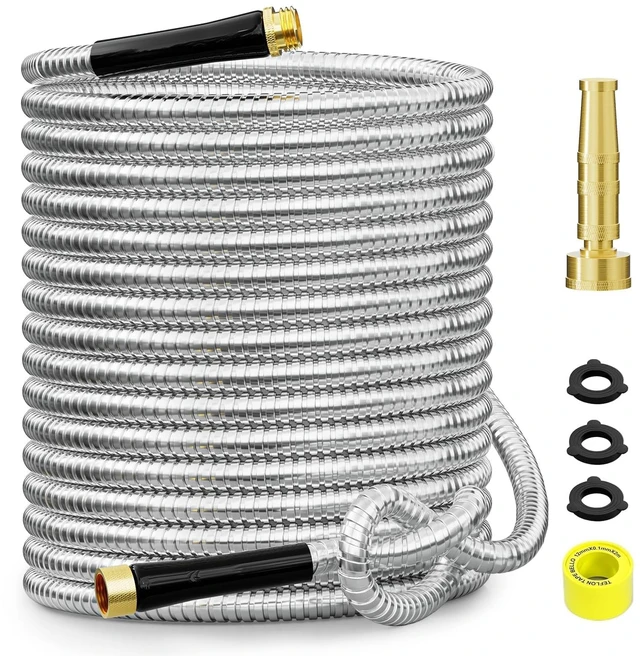 Main image of 100ft 304 Stainless Steel Metal Garden Hose with Rubber Grip | Adjustable Brass Nozzle, 3/4" Solid Brass Connectors, Flexible, Puncture Resistant, Non-Expandable for Yard Outdoor Lawn