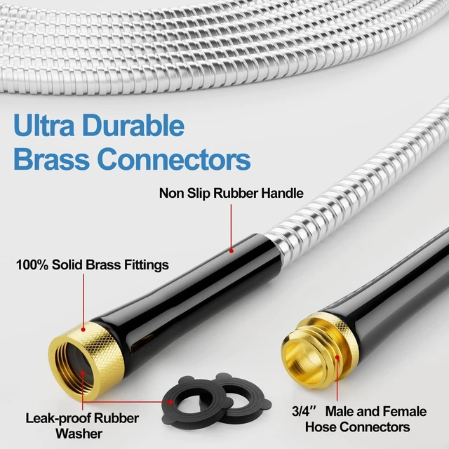Alt view image 2 of 7 - 100ft 304 Stainless Steel Metal Garden Hose with Rubber Grip | Adjustable Brass Nozzle, 3/4" Solid Brass Connectors, Flexible, Puncture Resistant, Non-Expandable for Yard Outdoor Lawn