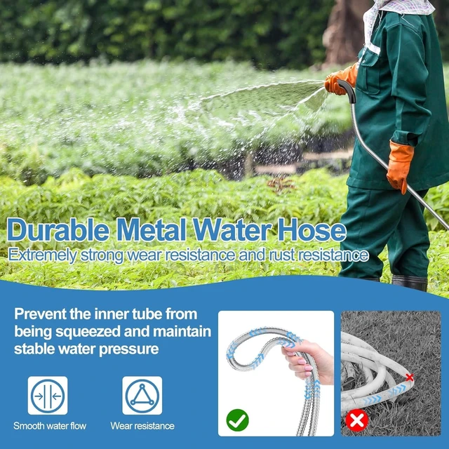 Alt view image 3 of 7 - 100ft 304 Stainless Steel Metal Garden Hose with Rubber Grip | Adjustable Brass Nozzle, 3/4" Solid Brass Connectors, Flexible, Puncture Resistant, Non-Expandable for Yard Outdoor Lawn