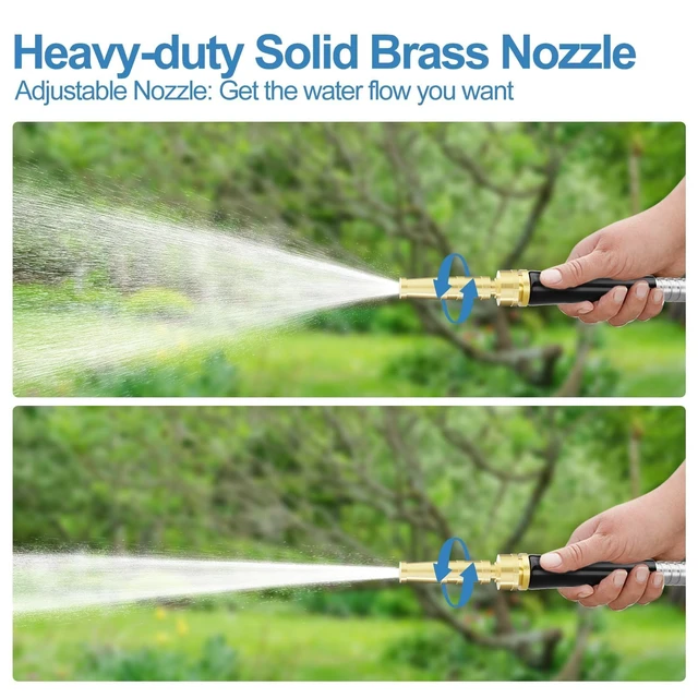Alt view image 5 of 7 - 100ft 304 Stainless Steel Metal Garden Hose with Rubber Grip | Adjustable Brass Nozzle, 3/4" Solid Brass Connectors, Flexible, Puncture Resistant, Non-Expandable for Yard Outdoor Lawn