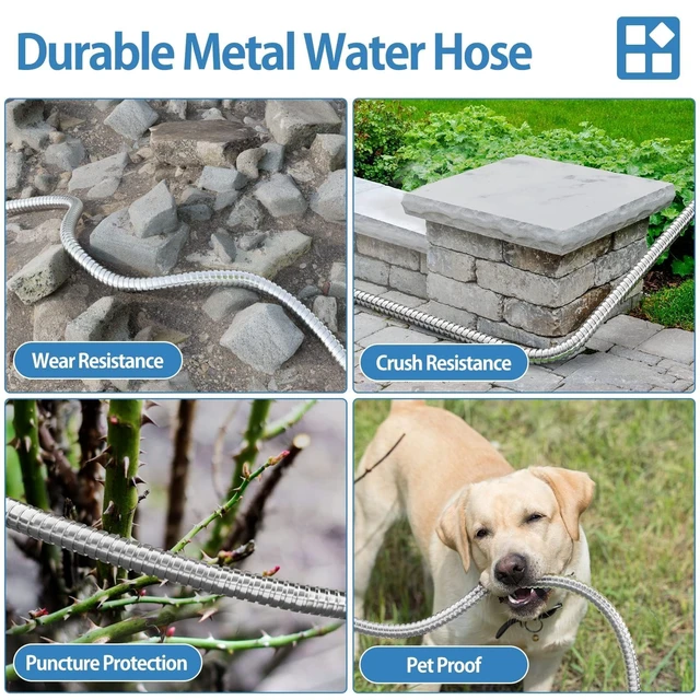 Alt view image 6 of 7 - 100ft 304 Stainless Steel Metal Garden Hose with Rubber Grip | Adjustable Brass Nozzle, 3/4" Solid Brass Connectors, Flexible, Puncture Resistant, Non-Expandable for Yard Outdoor Lawn