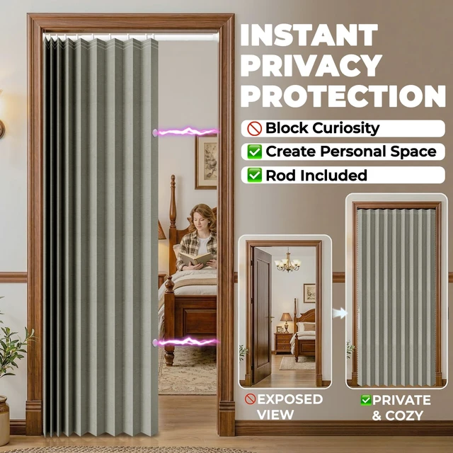 Alt view image 4 of 7 - Blackout Accordion Door Curtain with Curtain Rods 52-63 in Length Invisible Accordion Doors Interior for Bedroom Living Room Doorway Curtain Sets (1 Panel, 72 W x 78 L, Grey)