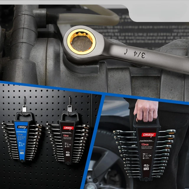Alt view image 5 of 7 - Ratcheting Wrenches Set 90 Tooth Fixd-Head with Nickel Plating 26 Pcs | Ratchet Wrenches Set 13pcs Metric(6-19MM) +13pcs SAE (1/4-13/16In) with Organizer Racks per Set, Cr-V, for DIY Holiday Gift