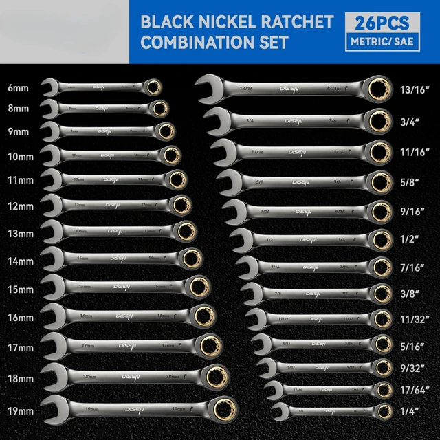 Alt view image 6 of 7 - Ratcheting Wrenches Set 90 Tooth Fixd-Head with Nickel Plating 26 Pcs | Ratchet Wrenches Set 13pcs Metric(6-19MM) +13pcs SAE (1/4-13/16In) with Organizer Racks per Set, Cr-V, for DIY Holiday Gift