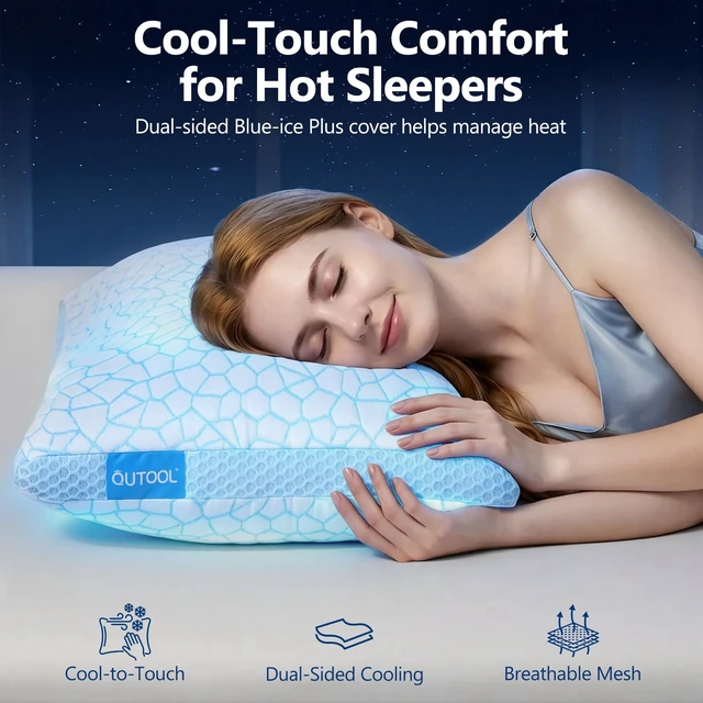 Alt view image 2 of 7 - Enhanced Cooling Pillows for Sleeping, CertiPUR-US Shredded Memory Foam Pillows Queen Size Set of 2 for Hot Sleeper, Adjustable Bed Pillow for Side, Back, Stomach Sleepers Support Yet Soft Blue