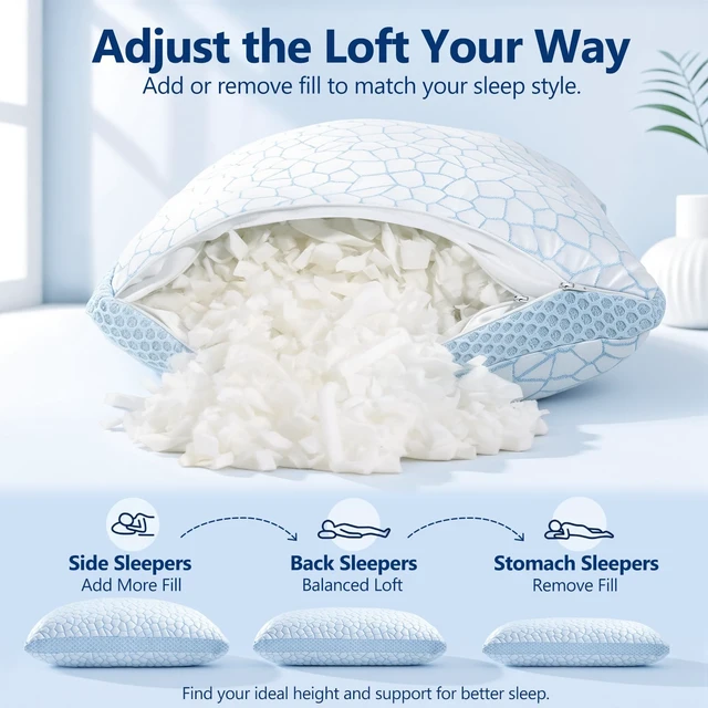 Alt view image 3 of 7 - Enhanced Cooling Pillows for Sleeping, CertiPUR-US Shredded Memory Foam Pillows Queen Size Set of 2 for Hot Sleeper, Adjustable Bed Pillow for Side, Back, Stomach Sleepers Support Yet Soft Blue