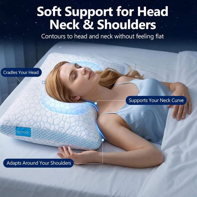 Alt view image 4 of 7 - Enhanced Cooling Pillows for Sleeping, CertiPUR-US Shredded Memory Foam Pillows Queen Size Set of 2 for Hot Sleeper, Adjustable Bed Pillow for Side, Back, Stomach Sleepers Support Yet Soft Blue